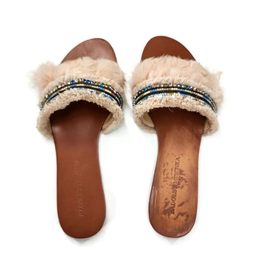Badgley Mischka Fortune Nude Cream Feathers Beads Open-Toe Flat Slide-On Sandals